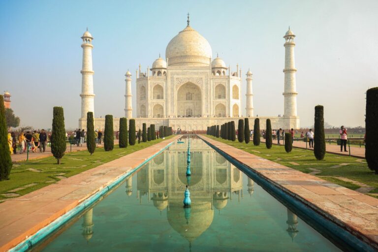 Taj Mahal in Agra with reflecting pool and gardens