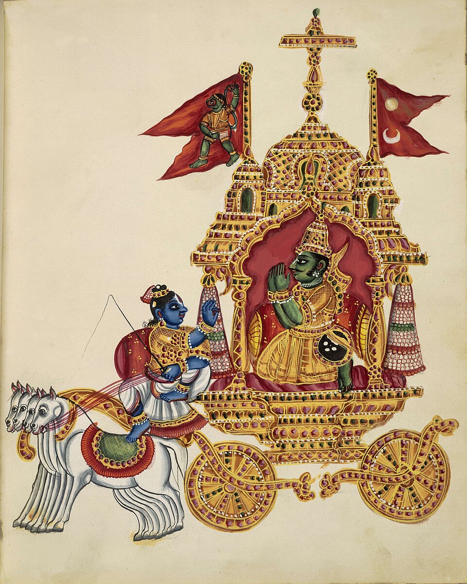 Historical painting of Arjuna kneeling before Krishna on a chariot
