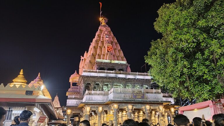 Illuminated Mahakaleshwar Temple among Ujjain temples at night