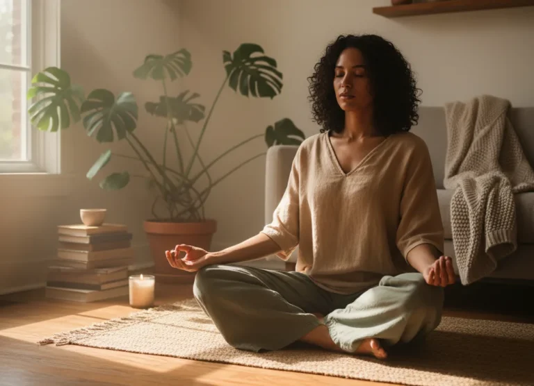 Beginner creating a quiet space for meditation and Yoga Nidra