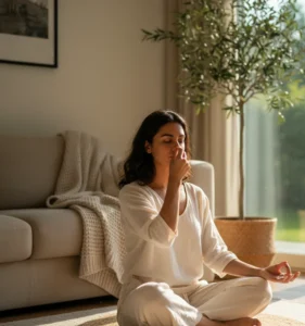 Yoga student practicing pranayam before meditation at home.