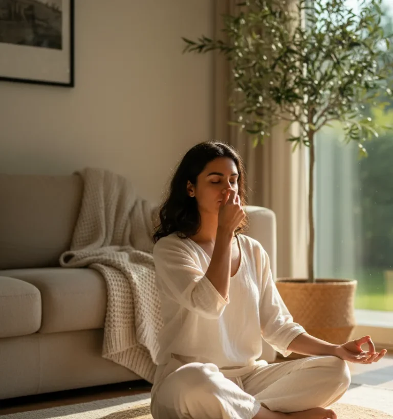 Yoga student taking a calm breath before a guided rest practice