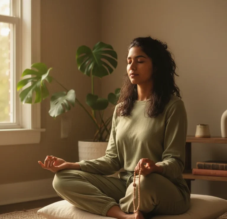 Person practicing mantra meditation at home with calm breathing