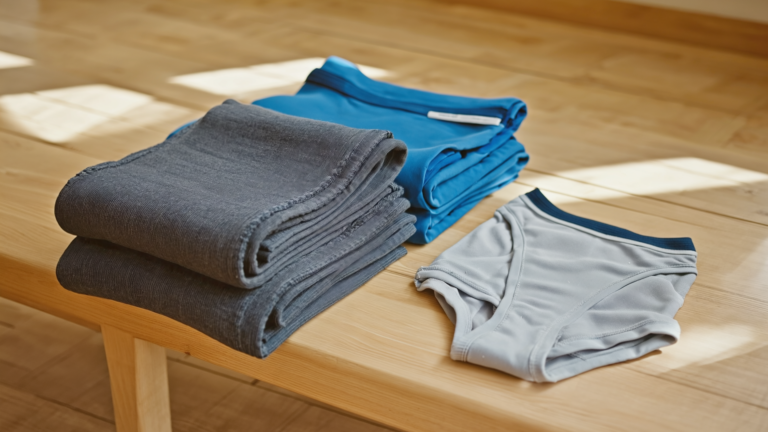Folded yoga leggings and breathable underwear on a studio bench