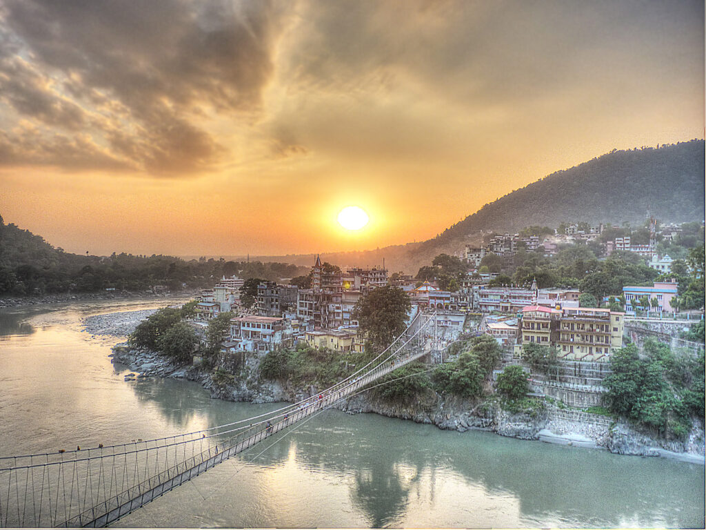 Lakshman Jhula and Rishikesh at sunset