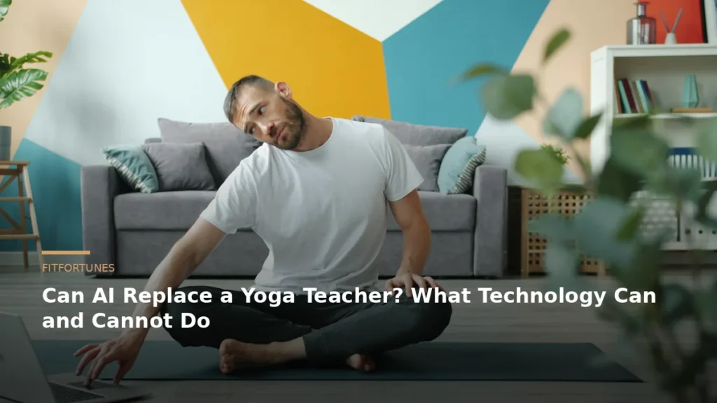 Online yoga practice with title about whether AI can replace a yoga teacher