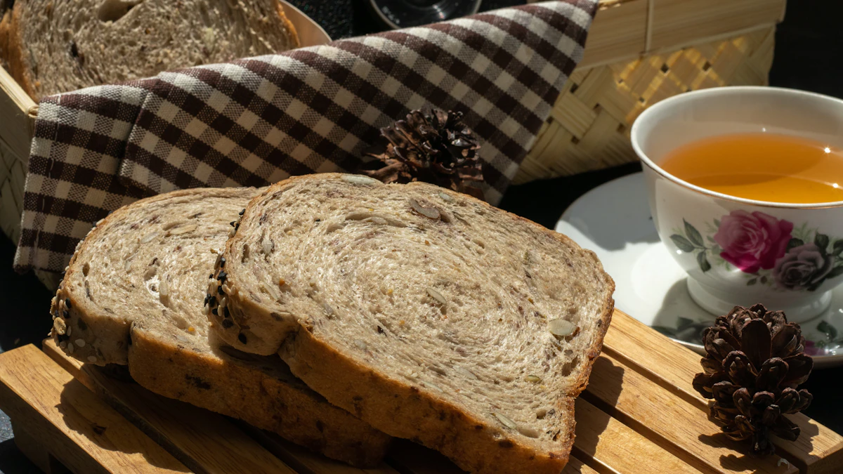 Sliced whole grain bread with grains and seeds on a table