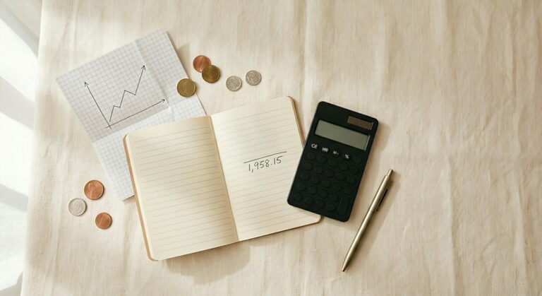 Budget planner with calculator and coins representing yoga training costs