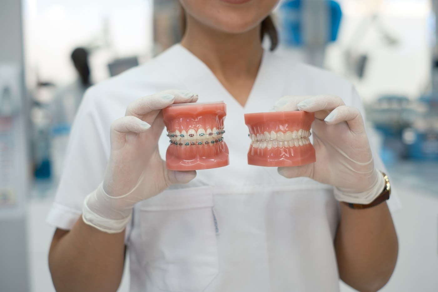 Dental professional holding two models of teeth