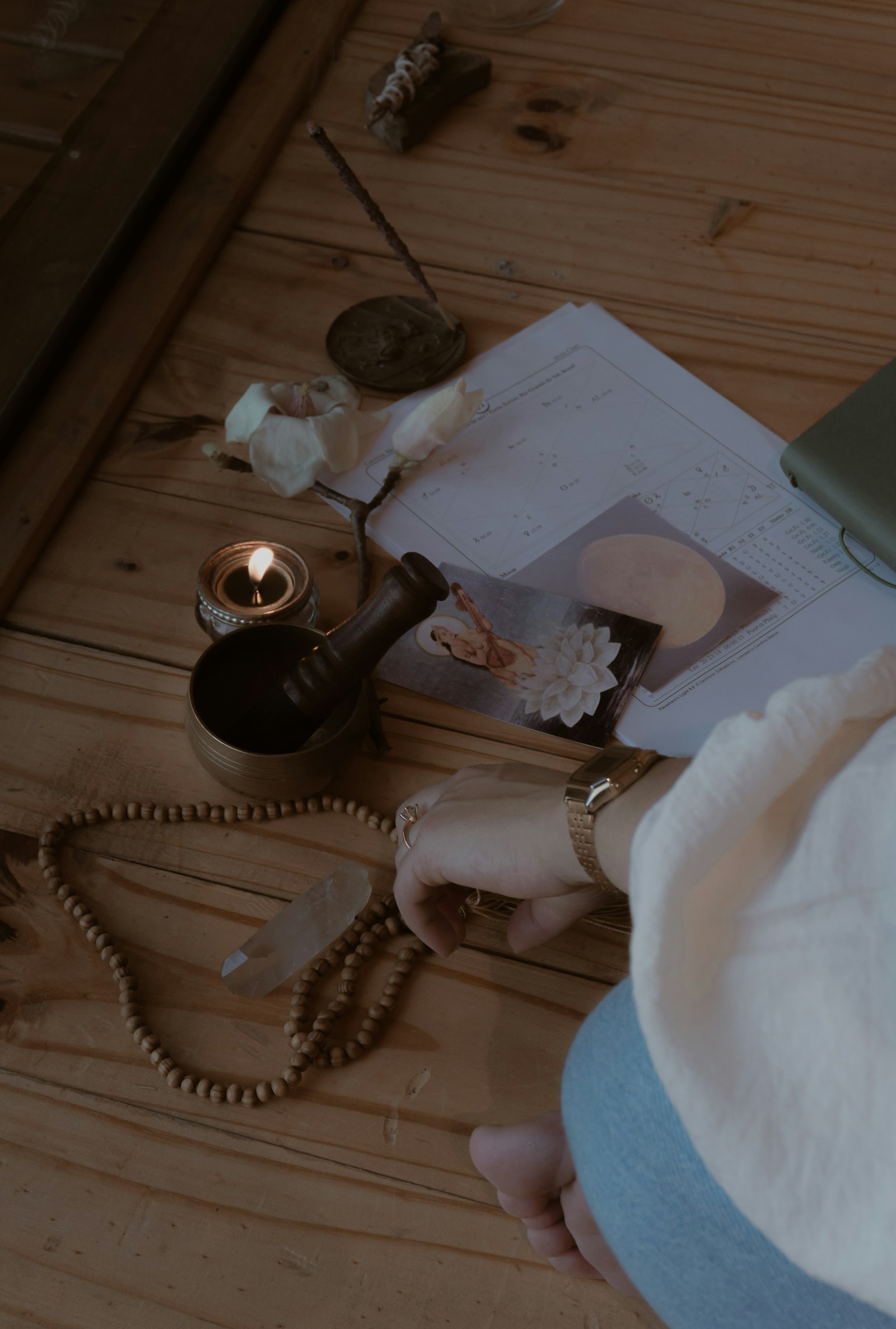 Yoga philosophy book and meditation objects arranged for quiet study